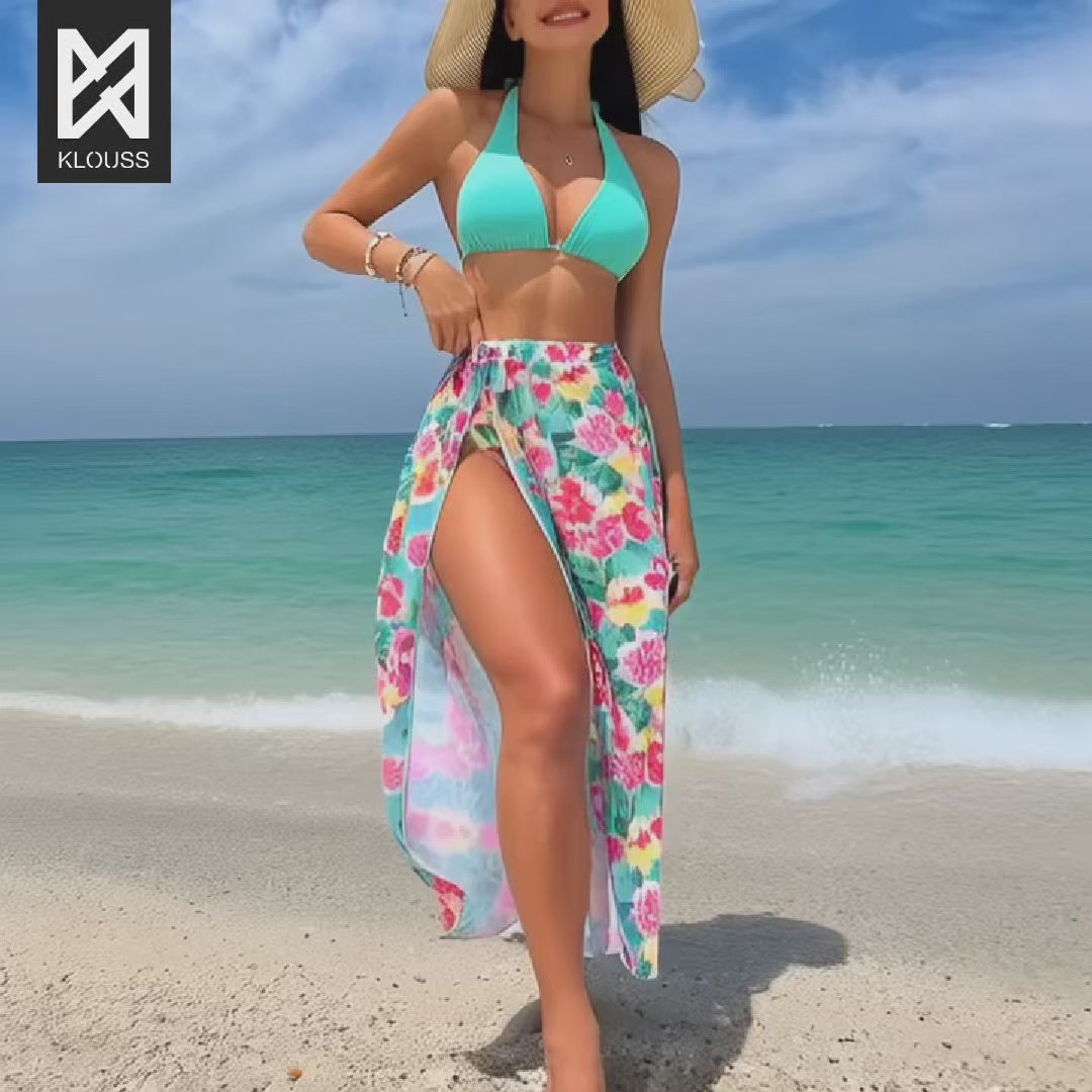 tricao Precioso conjunto de bikini de verano para mujer de 3 piezas con falda larga, sosten y calzón. De estampado floreado disponible en dos lindos colores. Ideal para la playa o la piscina - chile - klouss - tienda